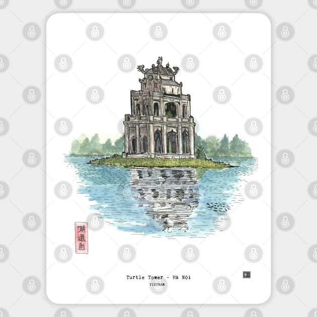 Turtle Tower Hanoi Vietnam (Hồ Hoàn Kiếm) Illustration Magnet by Wall-Art-Sketch